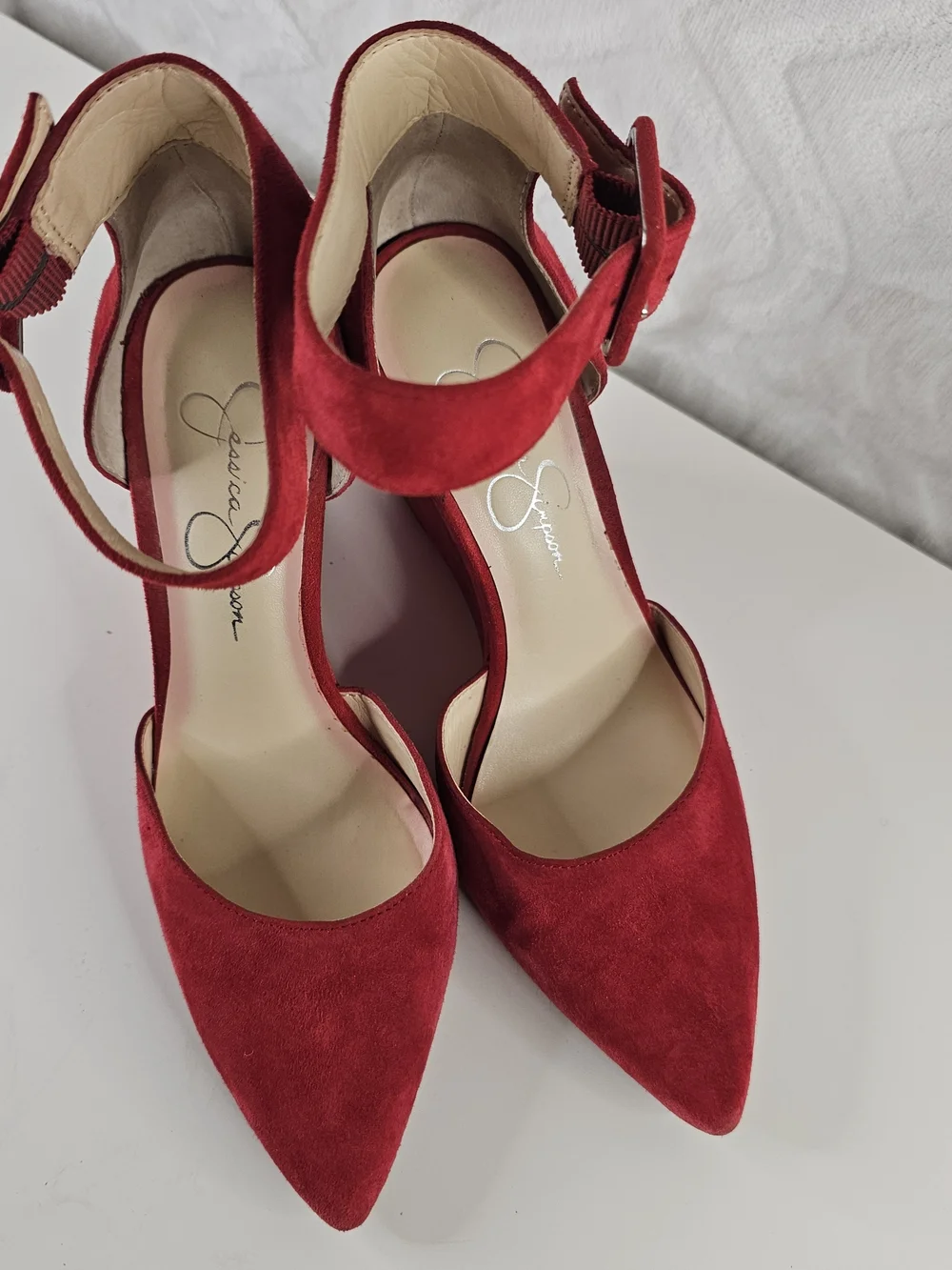 Jessica Simpson Red Suede Ankle-Strap Pointed-Toe Heels -